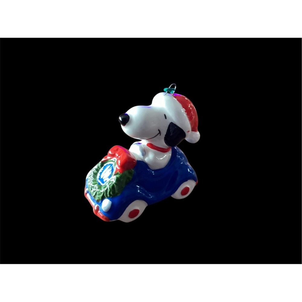 Vtg Peanuts Snoopy United Features Blue Convertible Ceramic Ornament Japan 66'